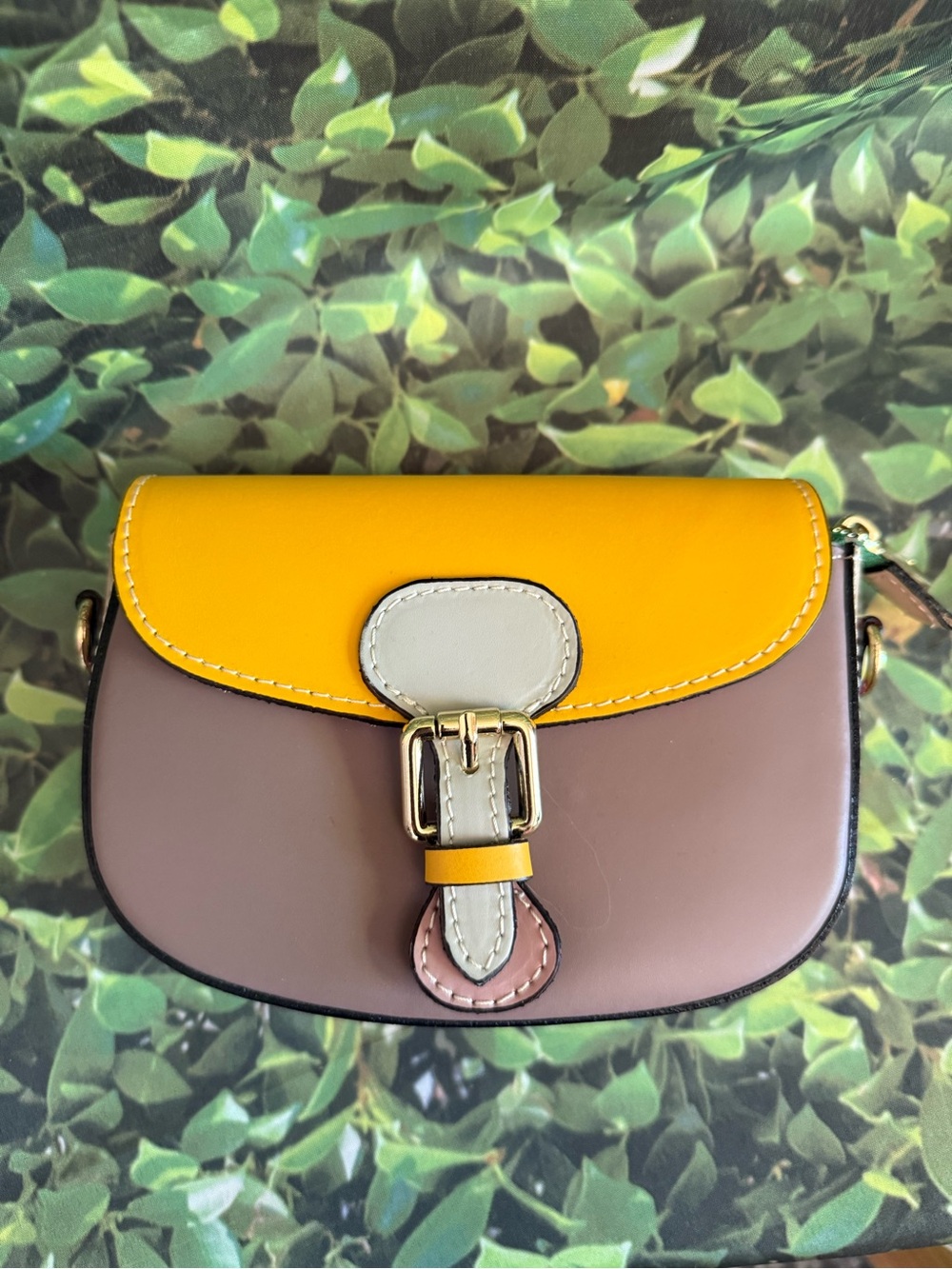 Stylish Multi-Tone Leather Crossbody Bag in Mustard, Taupe, Magenta & Green